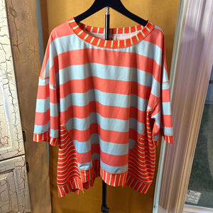 BiBi Oversized Color Block Tee Light Blue Striped Short Sleeve Tee Coastal SZ L